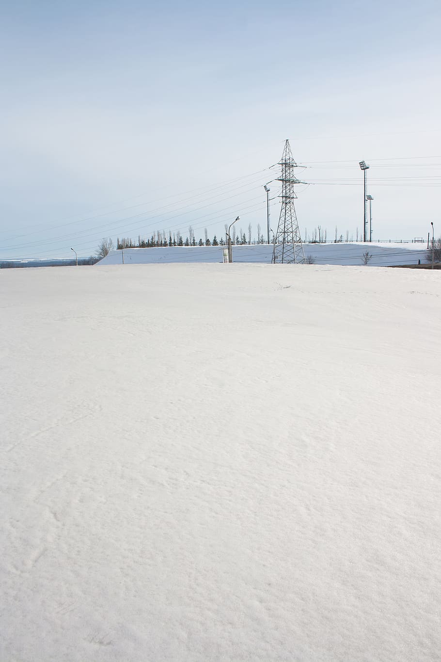 power, snow, tower, white, line, field, electricity, cable HD wallpaper