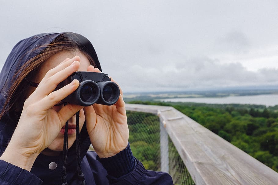 Girl with binoculars, adult, adventure, background, bird, birdwatching