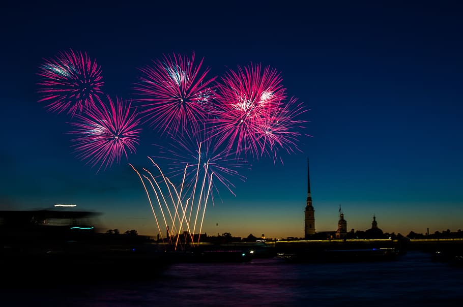 salute, day of the city, in the sky, holiday, night, fireworks, HD wallpaper