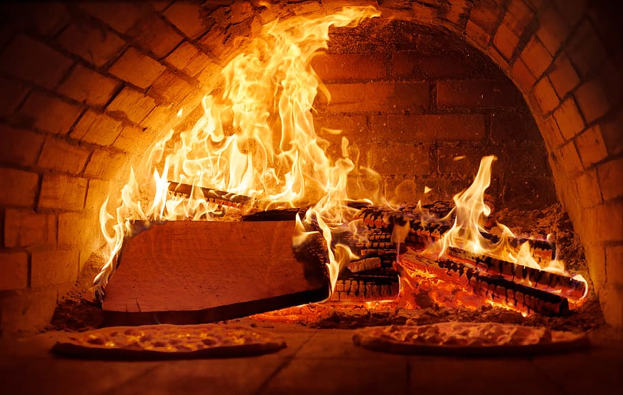 pizza, oven, fire, red, orange, flame, burning, fire - natural phenomenon HD wallpaper
