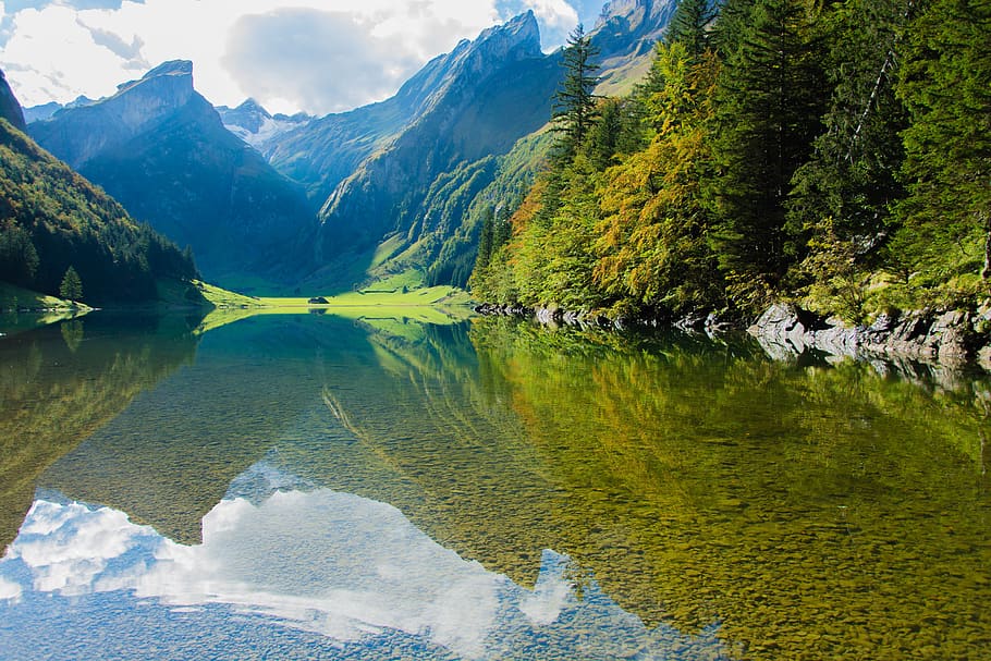Reflective Photography of Green Mountains, clouds, cloudy, daylight HD wallpaper