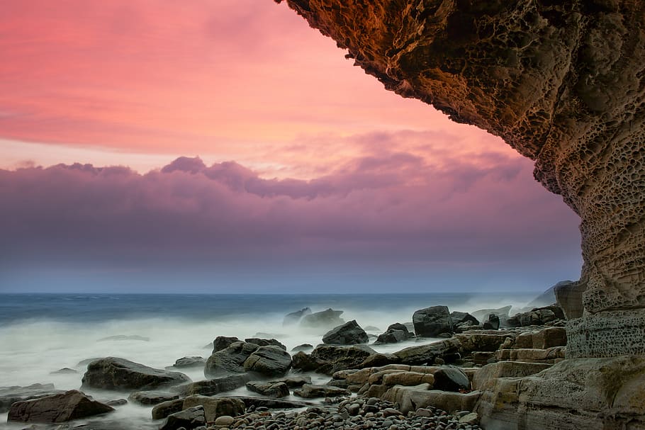 Big Stone at the Sea during Day Time, beach, cliff, clouds, coast HD wallpaper