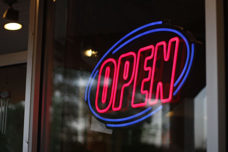 open, open sign, neon, neon light, neon sign, business, small business, HD wallpaper