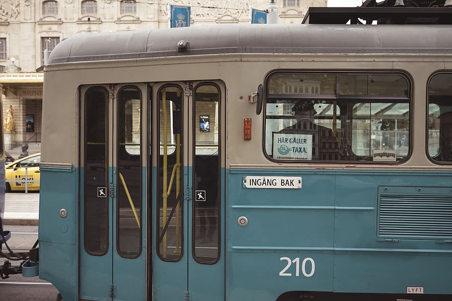 teal and gray tram, stockholm, sweden, nybroplan, bus, vehicle HD wallpaper