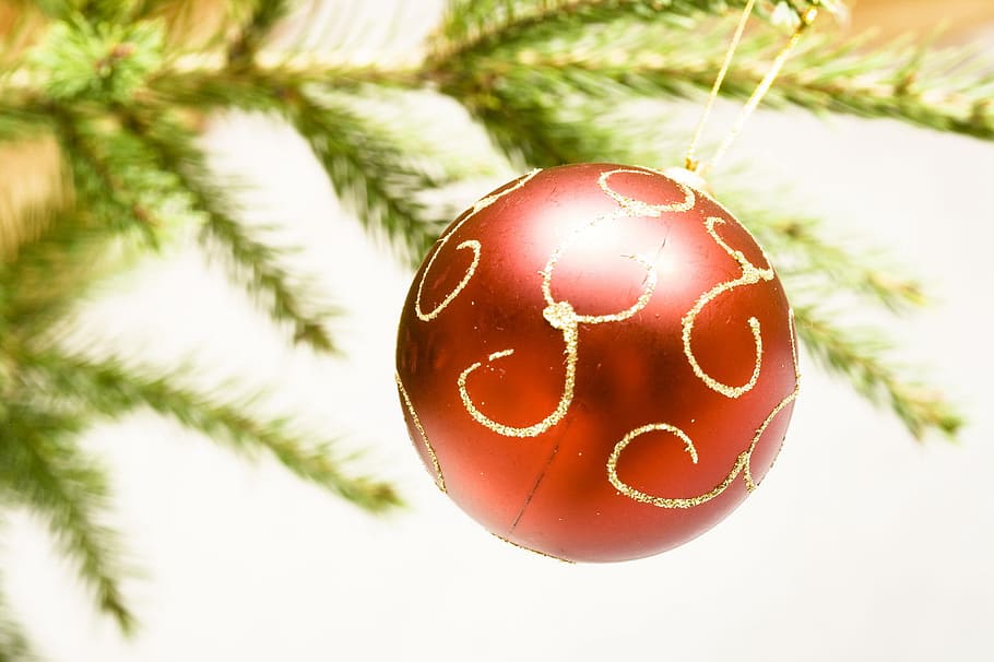ball, bauble, red, branch, celebrate, christmas, close-up, closeup HD wallpaper