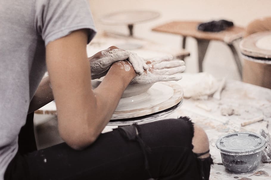 man making clay pot, person, human, food, bowl, dessert, cream HD wallpaper