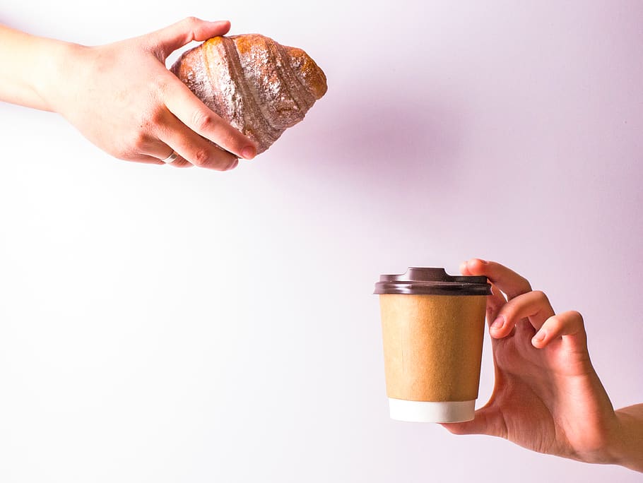 Person Hand Holding Disposable Cup and Croissant, bread, caffeine HD wallpaper