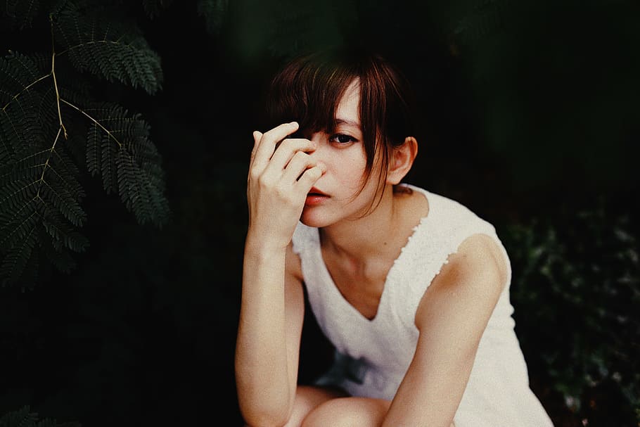 dark, trees, plant, nature, leaf, people, girl, woman, white HD wallpaper