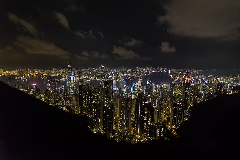 aerial view of city during nighttime, building, sky, urban, dark