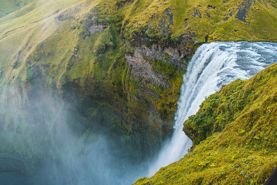 Bird's Eye View Photography of Water Falls Rushing Through Cliff HD wallpaper