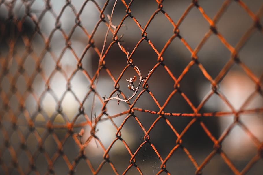 brown metal wire fence, prison, barricade, rust, sphere, steel
