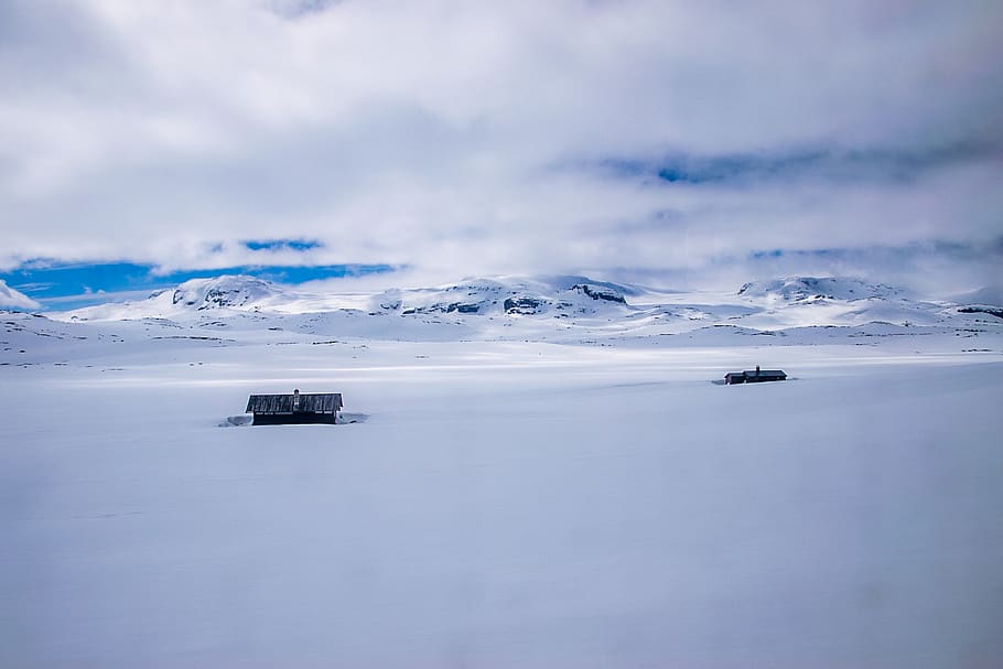 Two Houses Under Cloudy Sky Near Snow Capped Mountains, clouds HD wallpaper