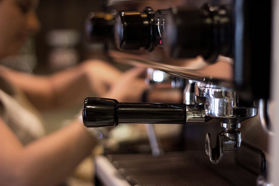 Selective Focus of Gray and Black Espresso Machine, action, bar HD wallpaper