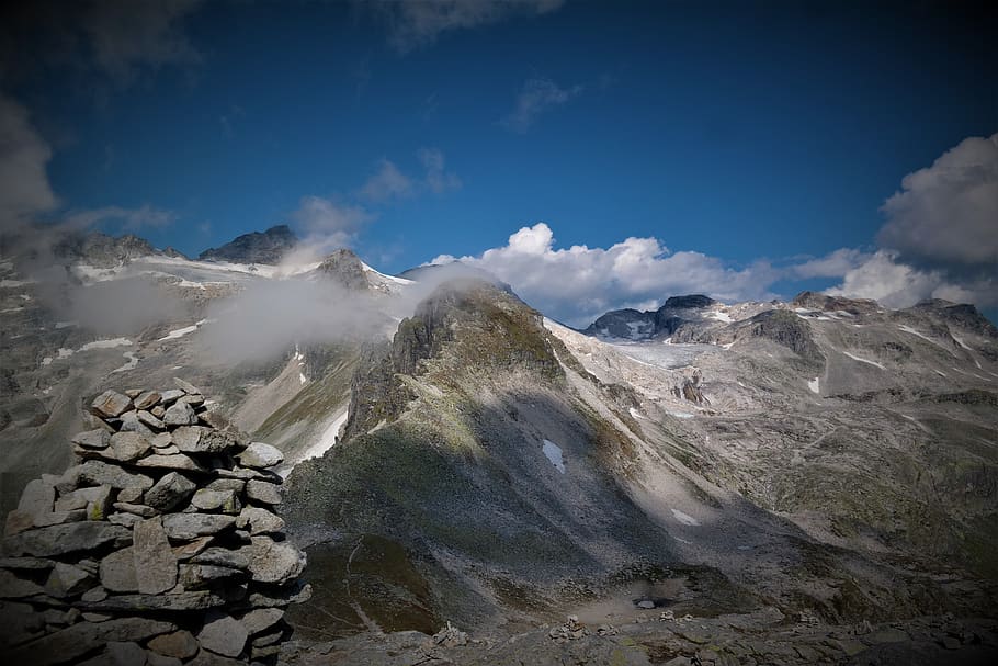 mountains, alpine, landscape, nature, sky, clouds, vacations HD wallpaper