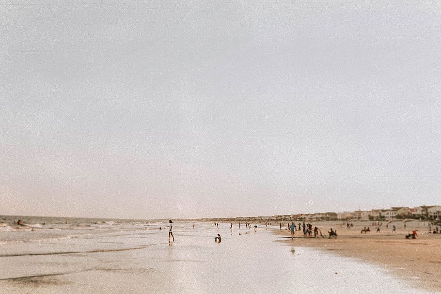 people near beach, creamy, flat, wafe, summer, sunset, land, group of people HD wallpaper