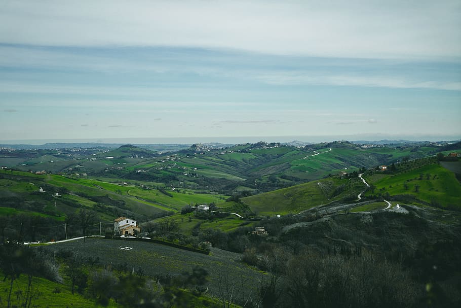 italy, province of ancona, green, hills, mountain, houses, countryside, HD wallpaper