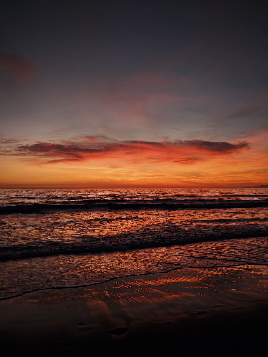seashore, sky, sunset, dusk, nature, dawn, outdoors, red sky HD wallpaper