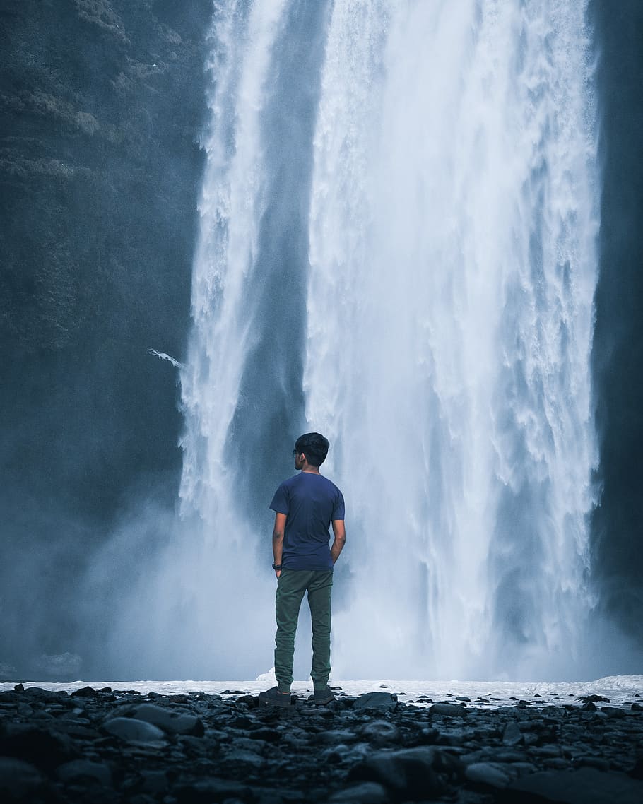 waterfall, men, boy, standing, panoramic, water crystal, tress HD wallpaper