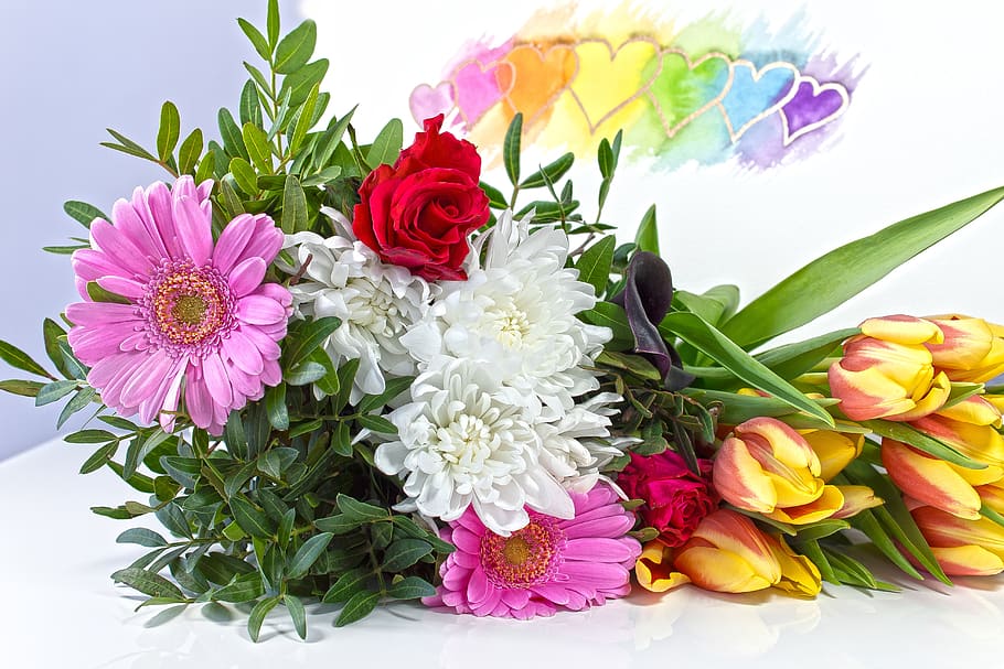 flower, bouquet, heart, rose, tulip, gerbera, love, romance HD wallpaper