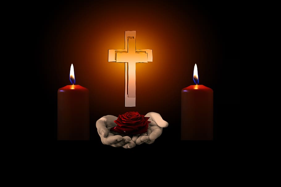 cross, hands, rose, candles, mourning, trauerkarte, easter, HD wallpaper