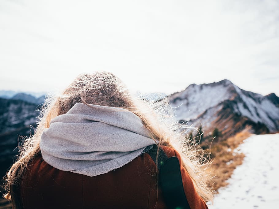 Woman on Mountain Top during Day, cold, daylight, landscape, mountains HD wallpaper
