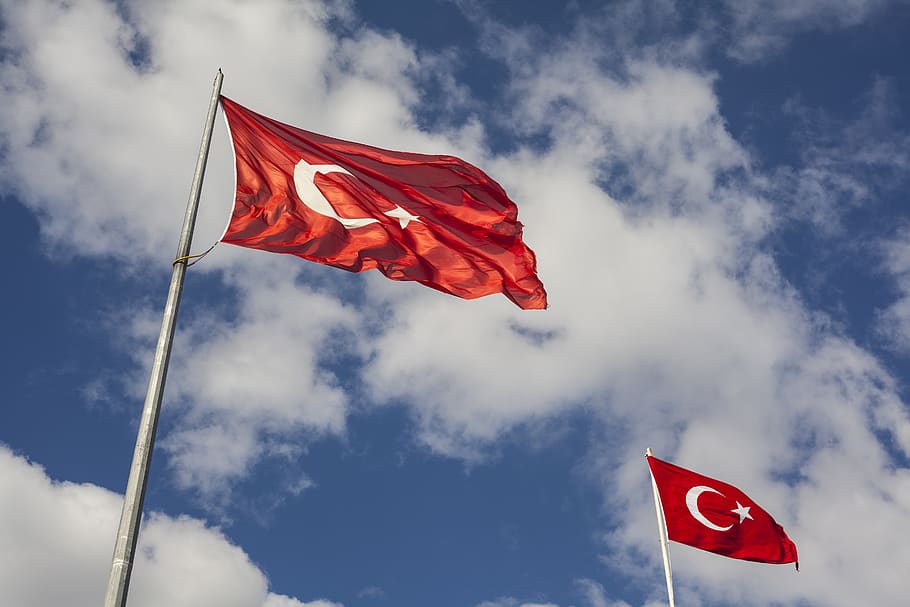 Photography of Two Turkey Flags, administration, blue sky, bright HD wallpaper
