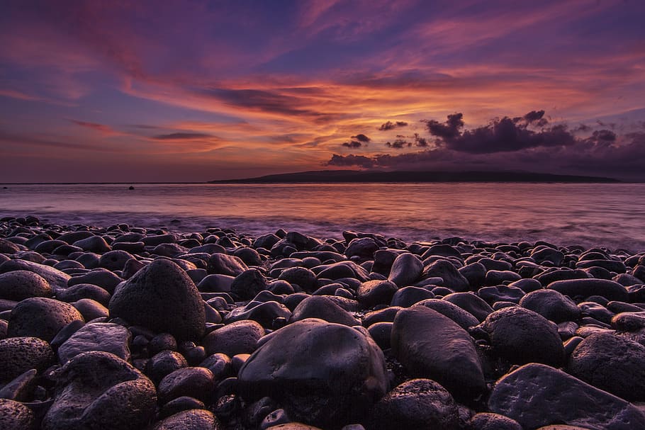 Gray Stone Near Sea, beach, clouds, evening, landscape, mountains HD wallpaper