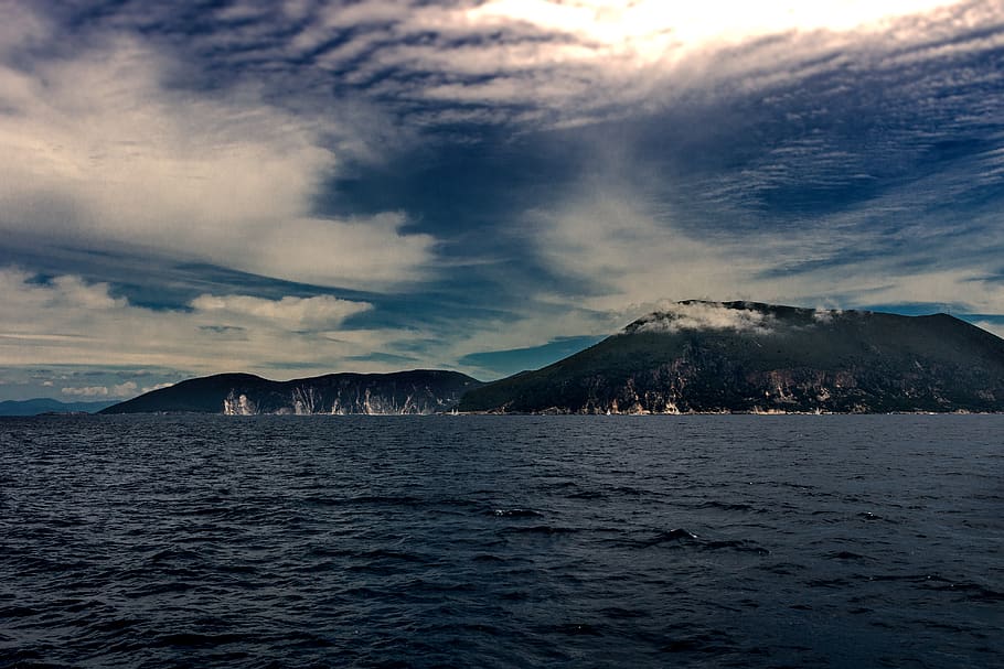 greece, lefkada, sky, cloudy, sea, water, wave, mountain, cloud - sky HD wallpaper