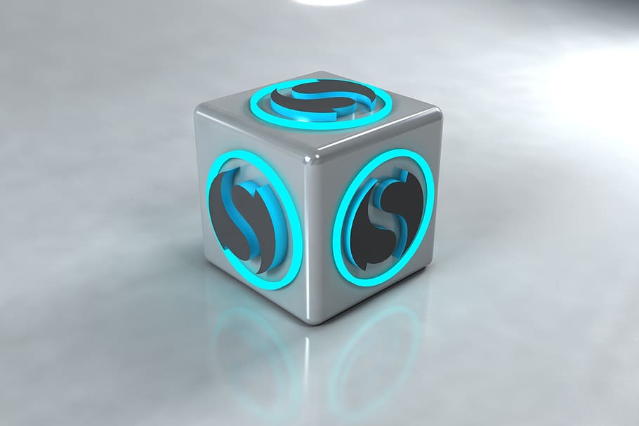 cube, logo, 3d modeling, blue, indoors, studio shot, no people HD wallpaper