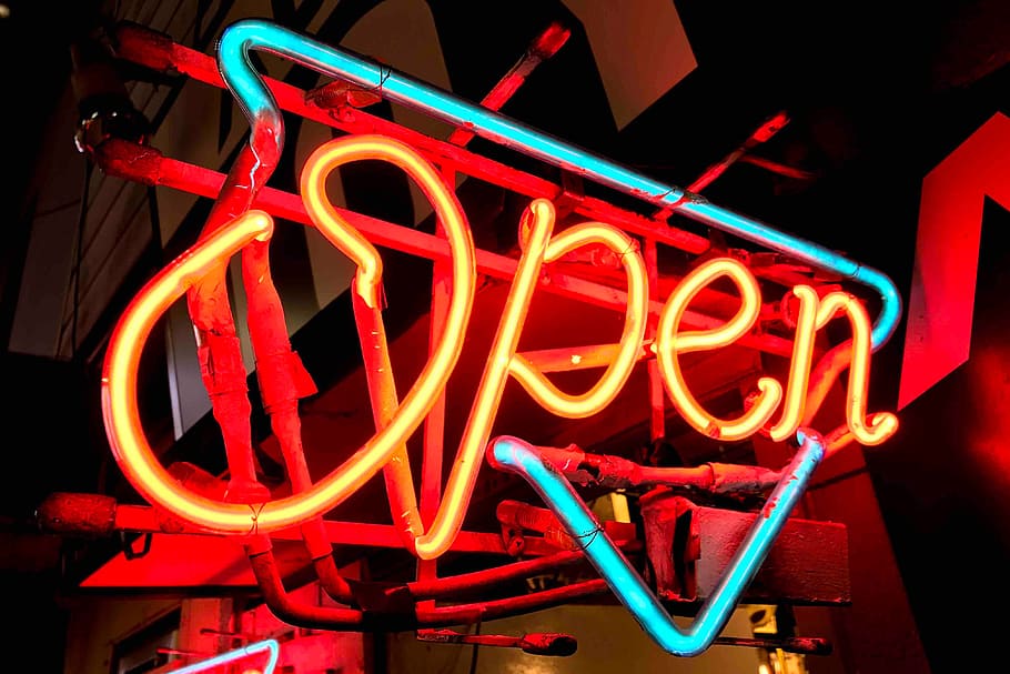 Open Neon Sign, various, bar, typography, illuminated, communication HD wallpaper
