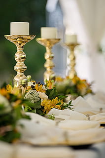 Selective Focus Photography of Gold Candlestick on Table, celebration HD wallpaper