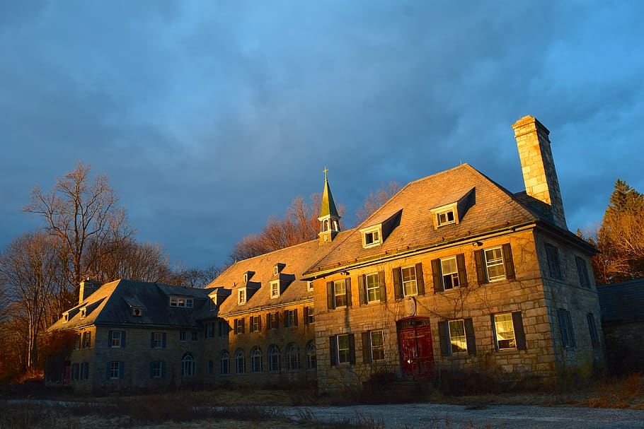 monastery, sunrise, sunlight, stone, building, clouds, cross HD wallpaper