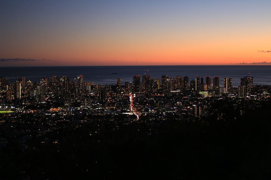 sunset, citynight, honolulu, hawaii, landscape, sky, bluesky, HD wallpaper