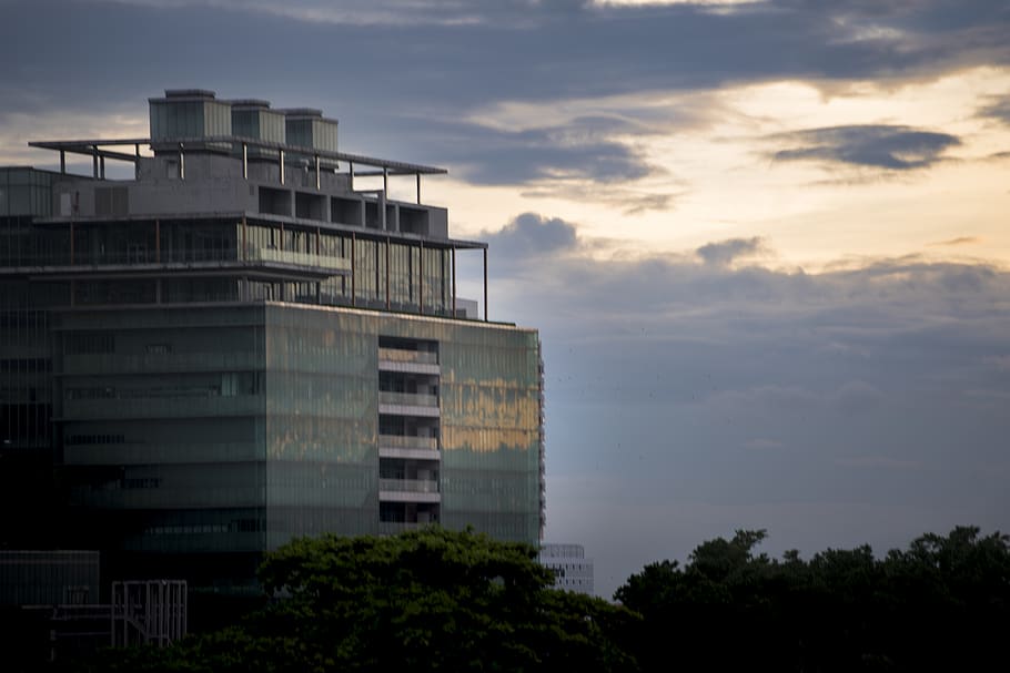 sky, evenight, twilight, building, orange, gold, golden, reflection HD wallpaper