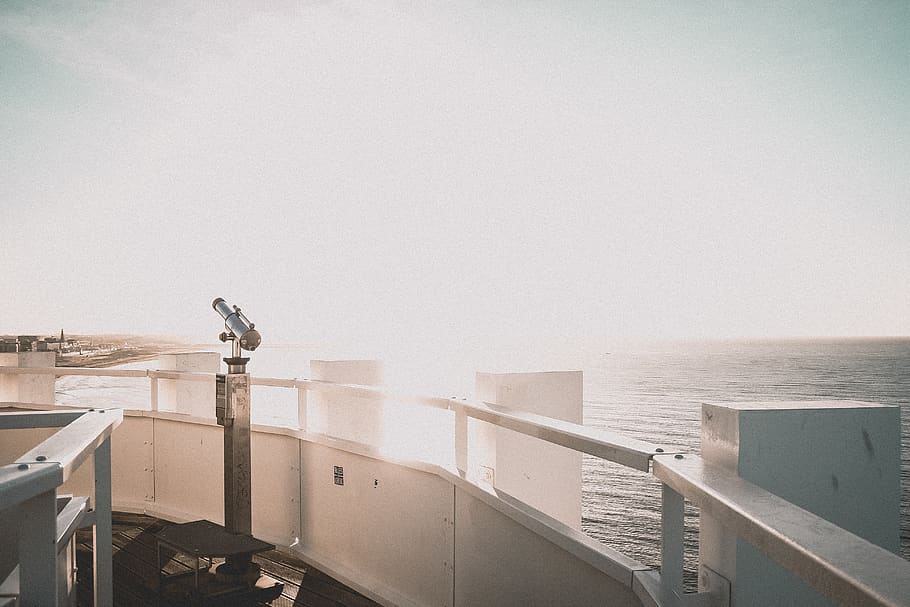 telescope overlooking sea, handrail, banister, railing, interior design HD wallpaper