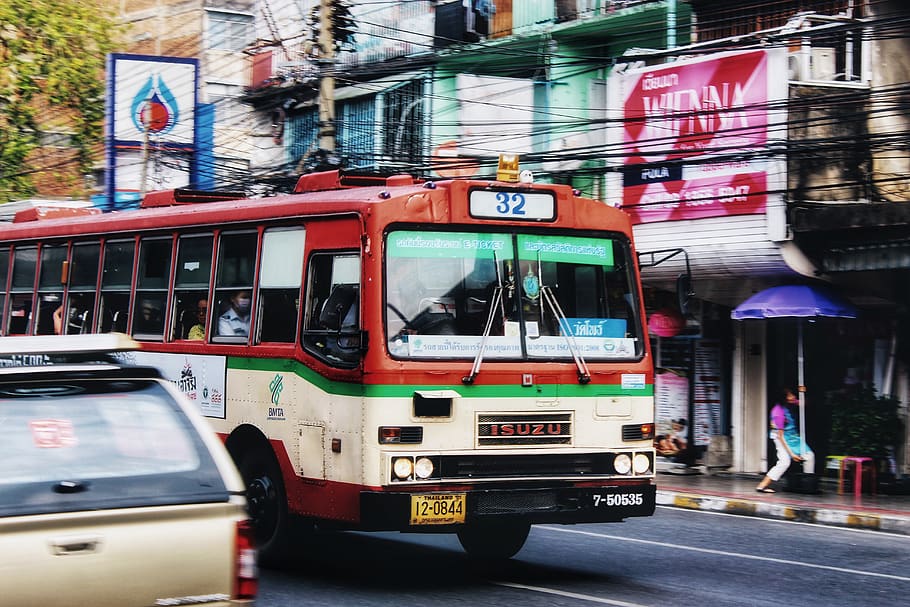 red and white bus running near the building, person, human, automobile, HD wallpaper