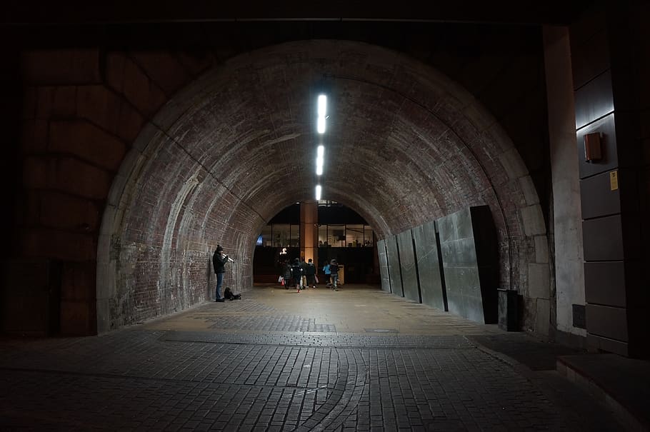 person inside tunnel, path, walkway, corridor, human, crypt, flooring HD wallpaper