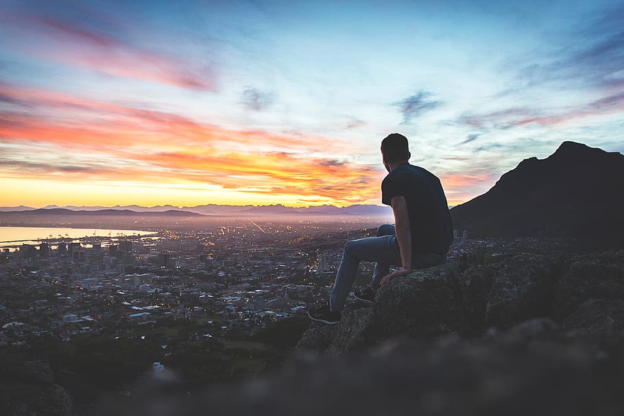 view, valley, cliff, hill, sunset, sky, cloud, people, man HD wallpaper