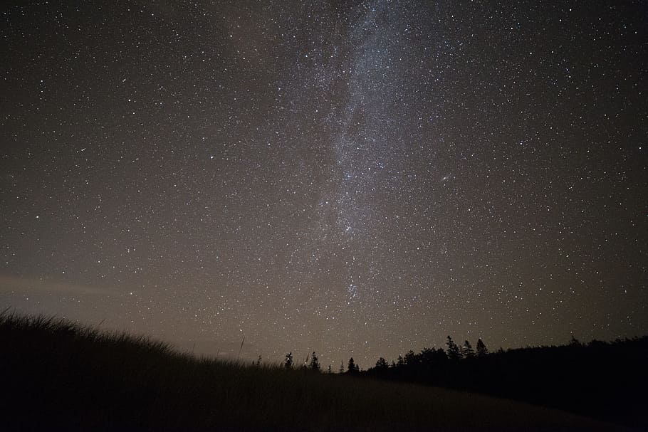 black, brown, grass, gray, mountains, night, purple, stars HD wallpaper