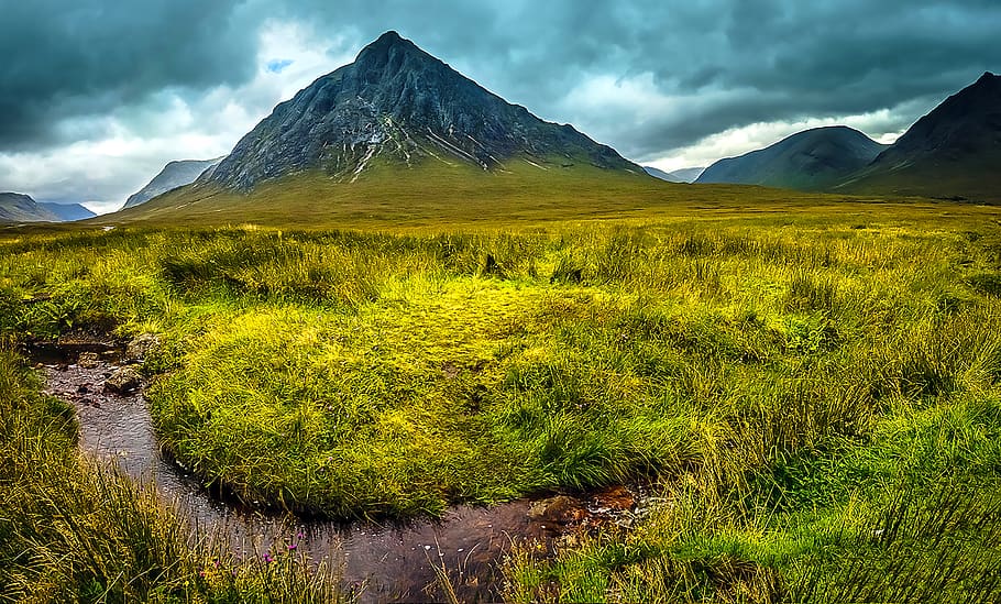 mountains and grass field under cloudy sky, nature, outdoors HD wallpaper