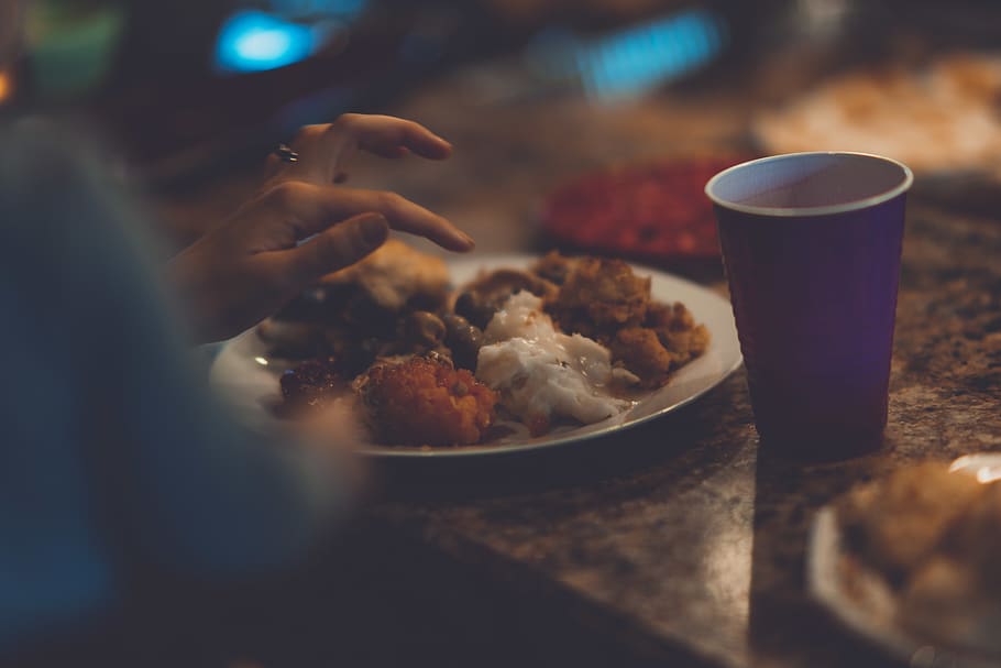 Plate of Cooked Food Beside Cup, blur, close-up, delicious, dinner HD wallpaper