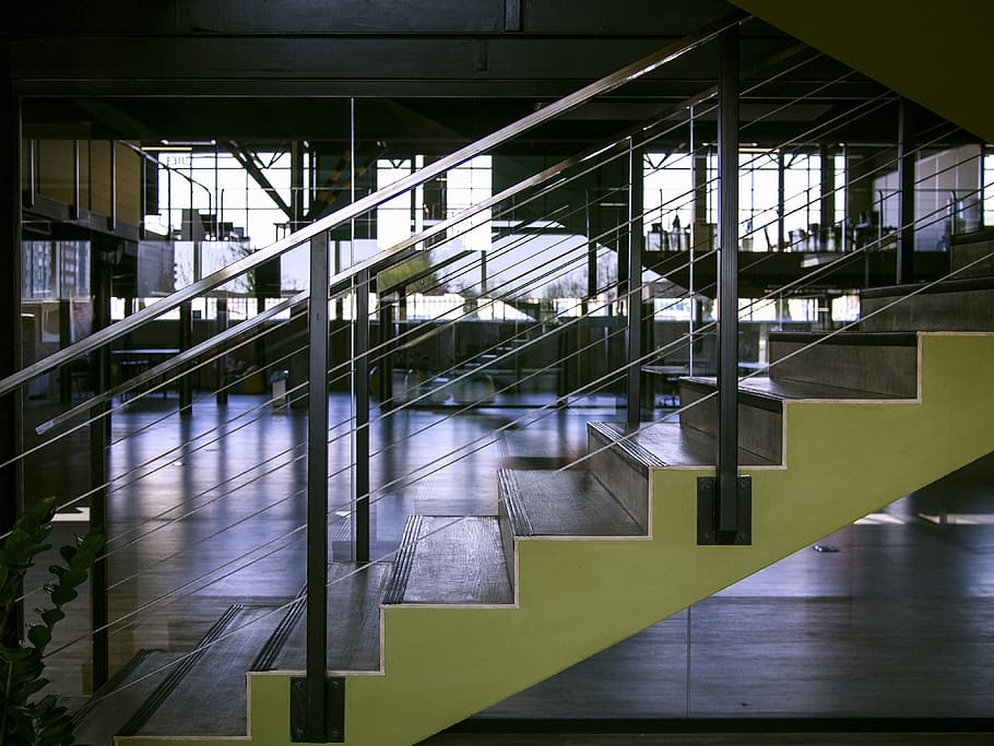 Gray Steel Handrails, architecture, building, empty, event space HD wallpaper