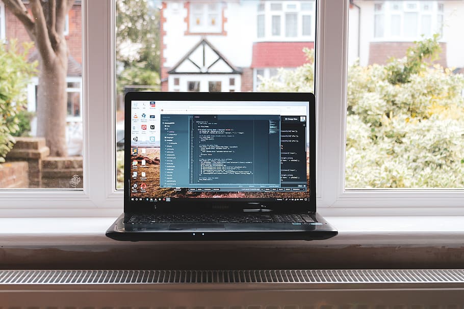 black laptop computer turned on, technology, communication, window HD wallpaper