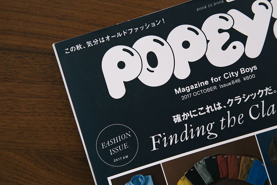 Popey magazine for city boys, table, fashion, style, asian, flat lay
