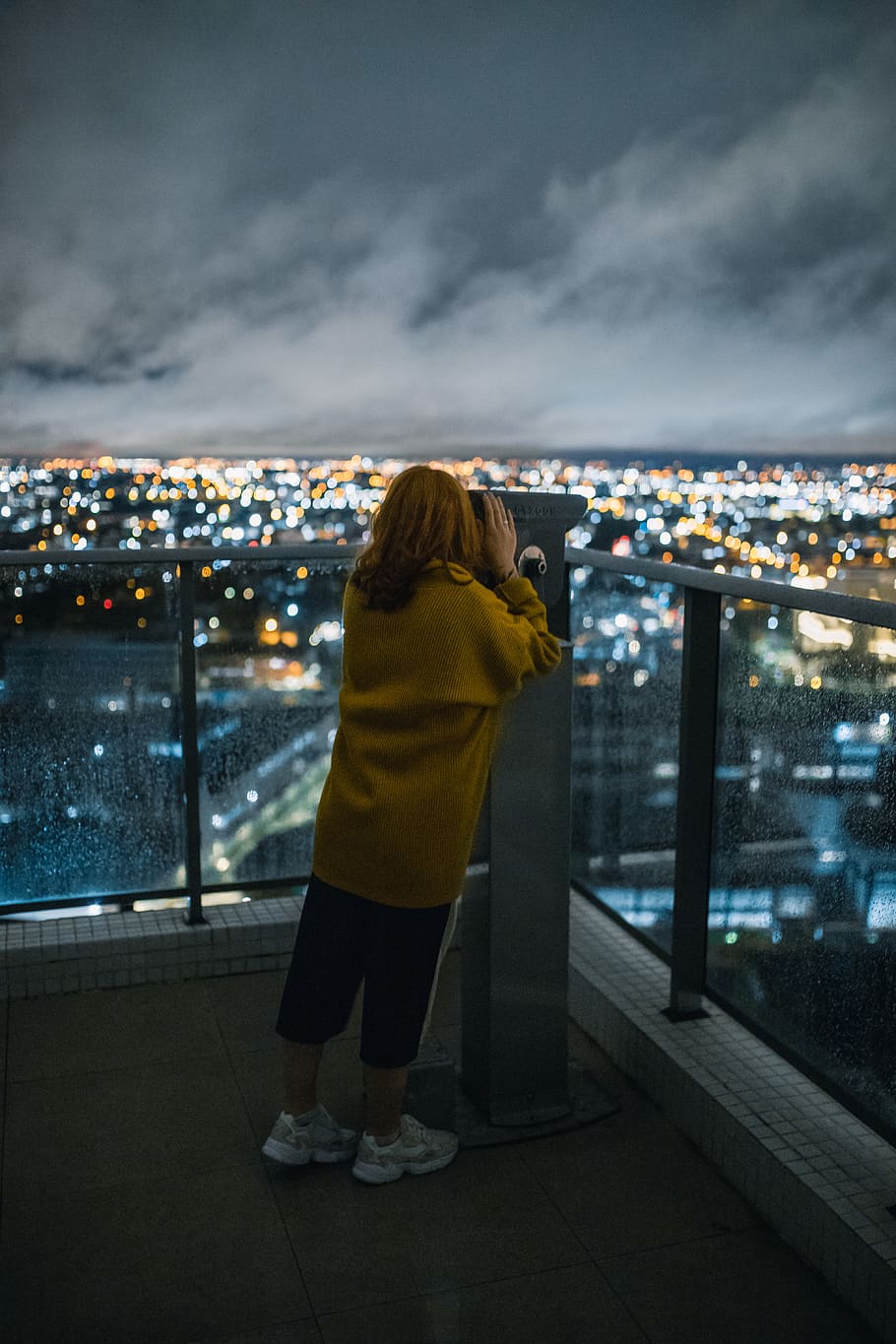 Woman Looking at Tower Viewer, beautiful, binoculars, city, clouds HD wallpaper
