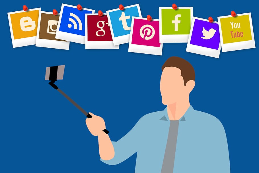 Illustration of social media user with selfie stick., man, post, HD wallpaper