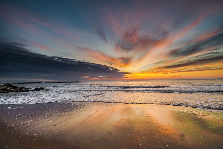 sunset, water, dusk, sky, dawn, evening, sea, beach, nature HD wallpaper