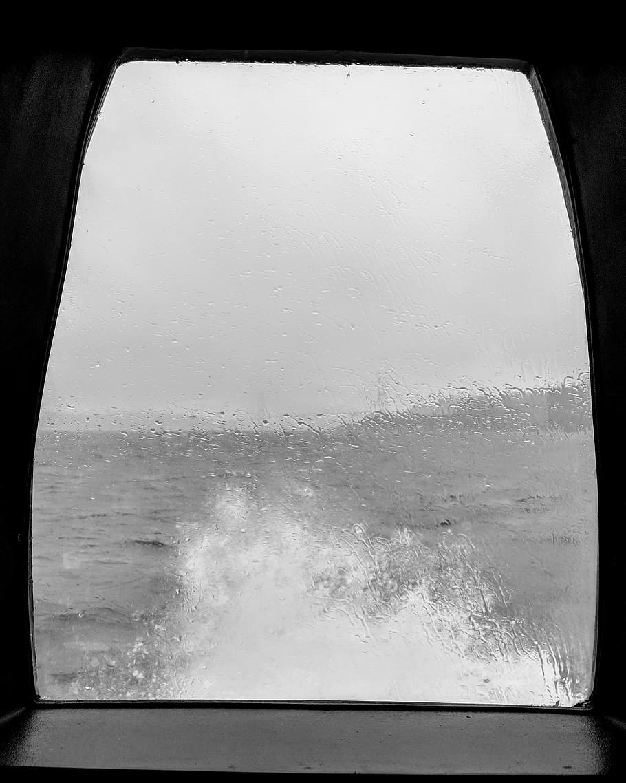 sea waves splashing trough boat window, rain, water, crash, grey HD wallpaper