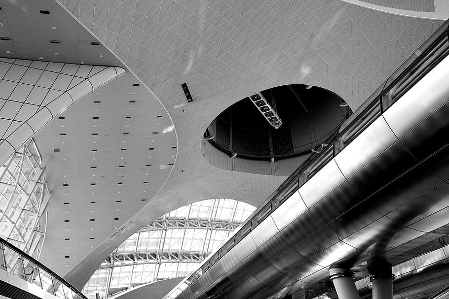 south korea, incheon, architecture, black and white, airport