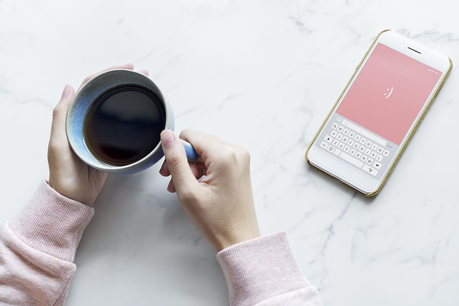 Photo of Person Holding Blue Cup Near Smartphone, caffeine, cellphone HD wallpaper